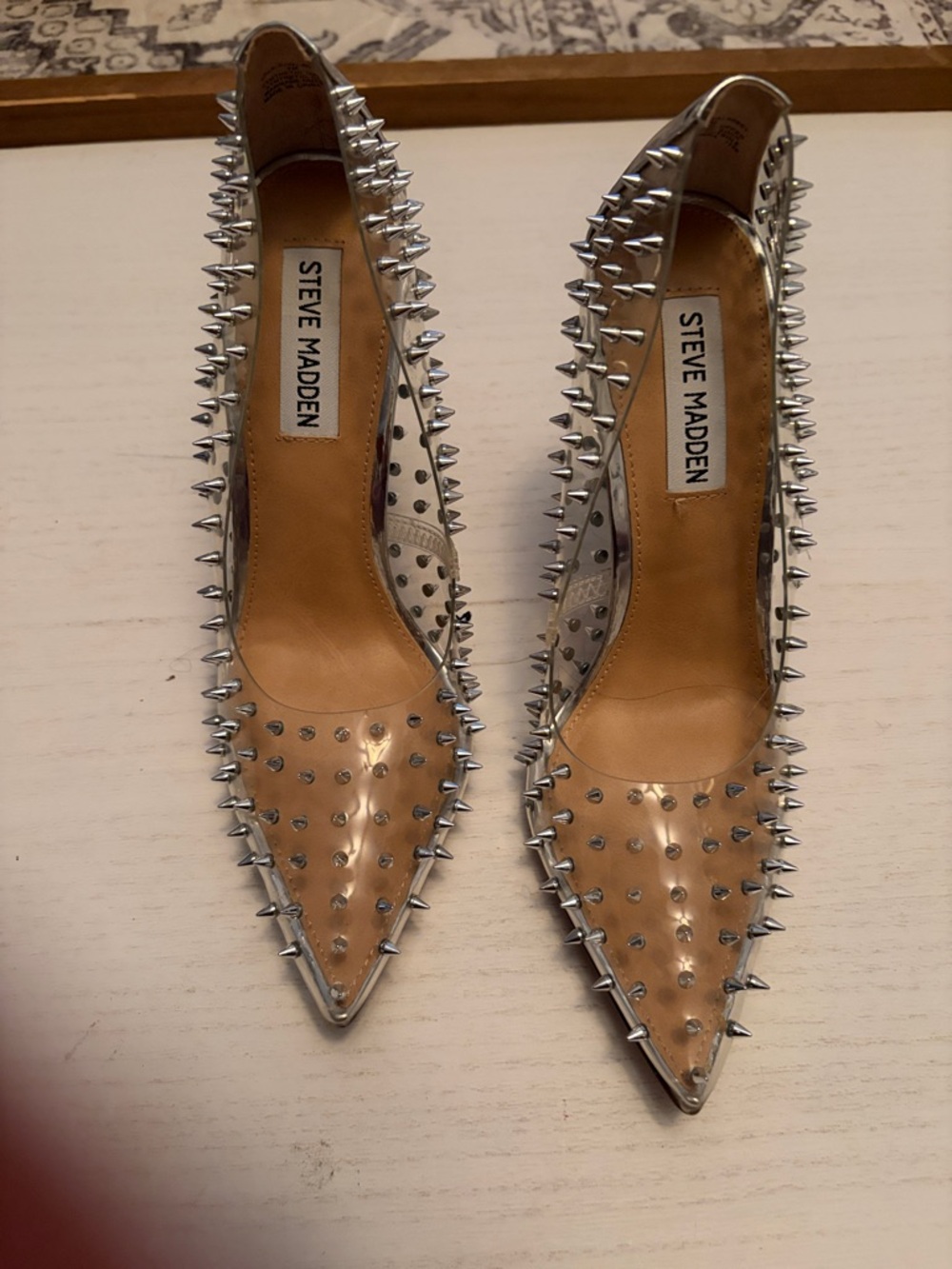 Steve Madden Clear Pointed Pumps with Silver Spike Studs
